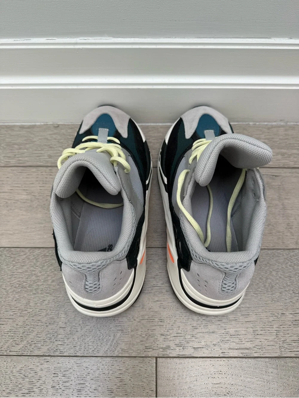 Adidas Yeezy Men’s Grey, Teal & Black Sneakers with Neon Orange Accents